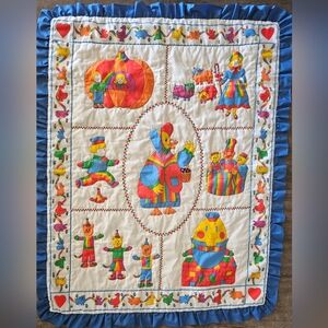 Vintage baby blanket Colorful Nursery Rhyme Quilt with Blue Trim